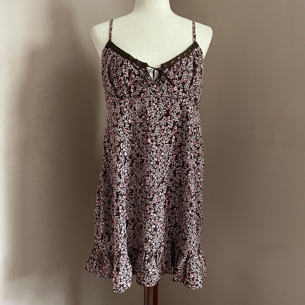 Y2K No Boundaries Floral Mini Dress Brown‎ Pink Ruffle Hem Cami Fairy Grunge XL